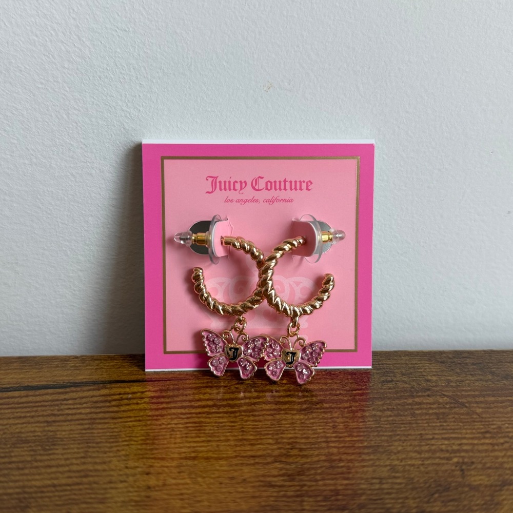 New Juicy Couture Gold Tone Butterfly Dangle Earrings Cute Pink Sparkly Jewelry